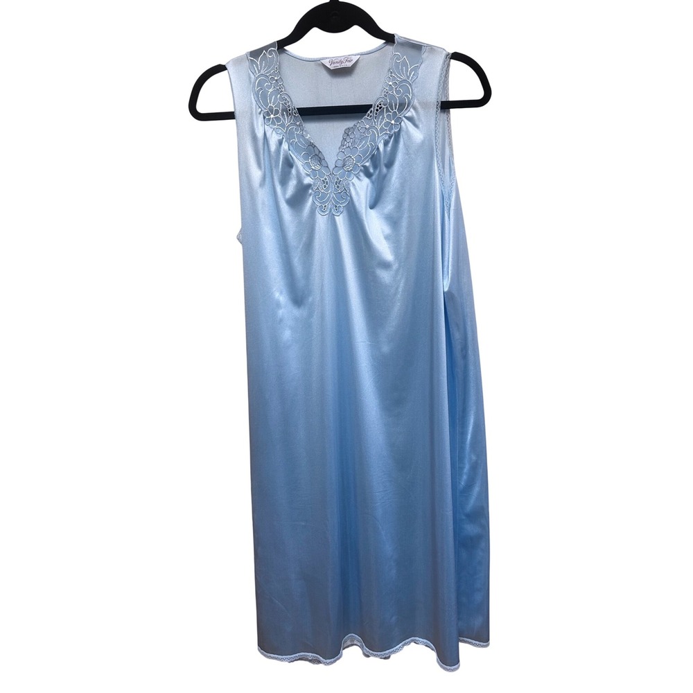 Vanity Fair Nightgown Slip Baby‎ Doll Blue Lace Trim Sleeveless V Neck